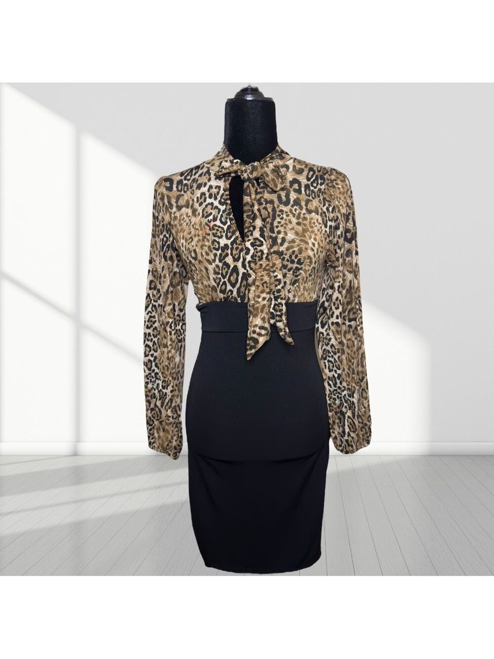 Seduction Leopard Print Black Bodycon Dress Tie Neck Long Sleeve | Size Small - Picture 3 of 8